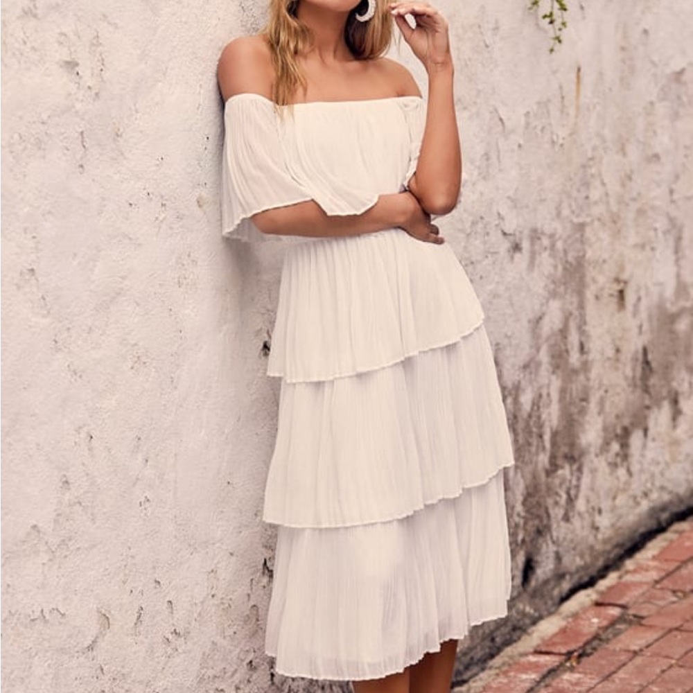 Lulu’s White Off-the-Shoulder Ruffle Midi Dress